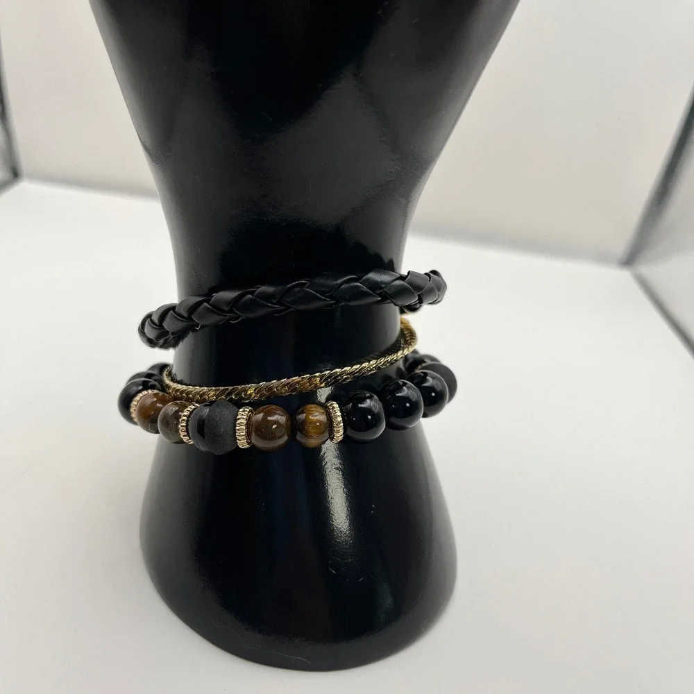Guess Bracelet Set of 3 Gold Chain Beaded‎ Black Braided Women's Jewelry